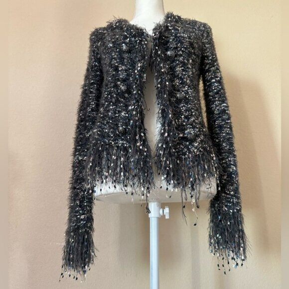 L’Agence Azure Blazer Grey Multi XS Fuzzy Fringe Open Cardigan Buttons Luxury - Picture 4 of 16